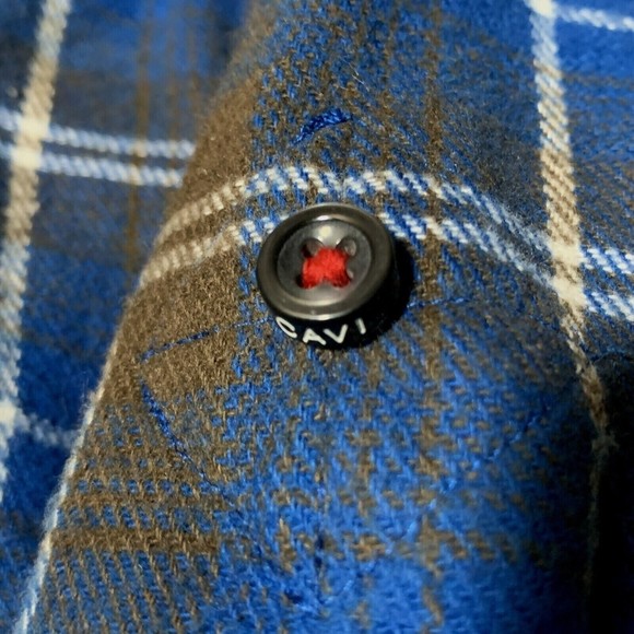 Cavi Mens Flannel Plaid Overshirt Size M Roll Tab Blue Brown Pockets Windowpane - Picture 6 of 12